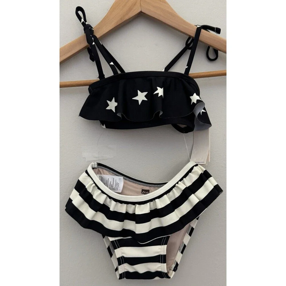 NWT's Tea Collection 2T Ruffle Bikini Swimsuit Black/Cream Stars and Stripes